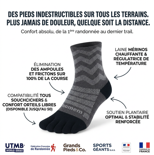 Chaussettes Trail / Randonnée -  5-Orteils en laine de mérino
